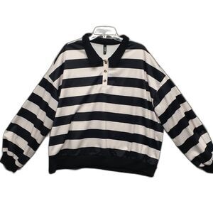 Stylewe Women XXL Long Sleeve Polo Collared Black White Striped Blouse Twee